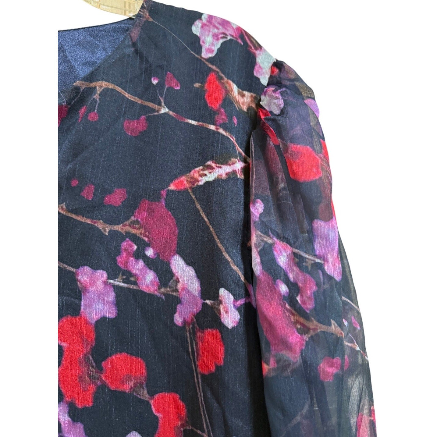Vintage Sue Sartor Black & Red Floral Sheer Long Sleeve Mini Dress - XL