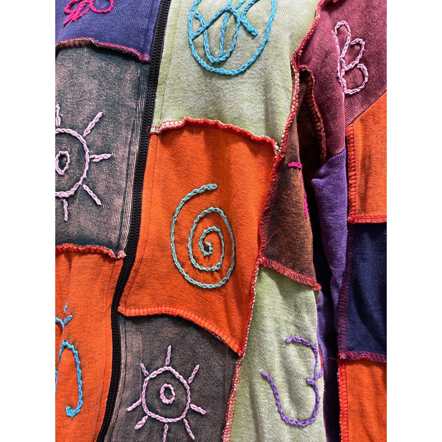 Shop Therapy Made in Nepal 100% Cotton Embroidered Zip Up Color Block Hoodie M/L