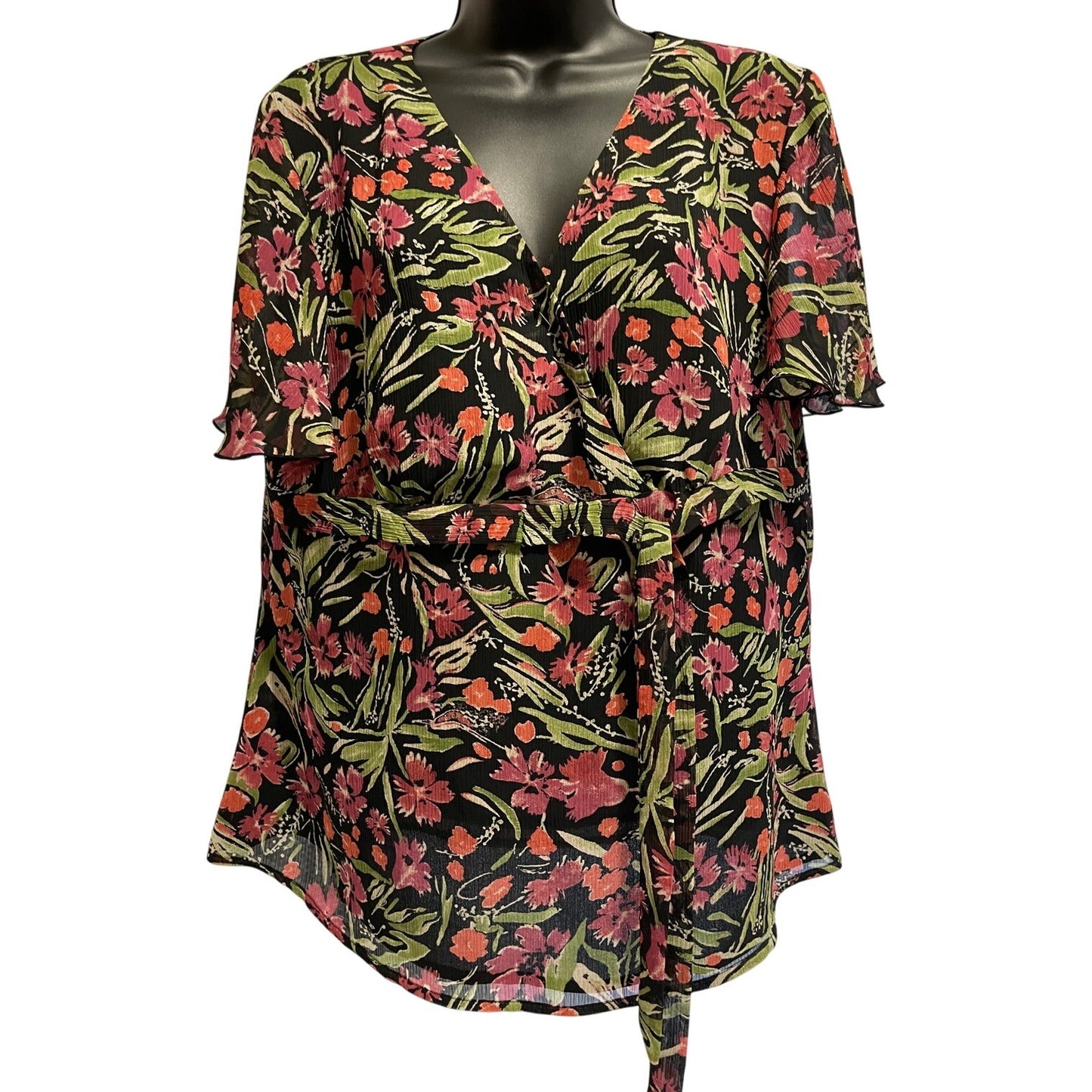 Apt 9 Black with Pink Florals Short Sleeve XL Blouse