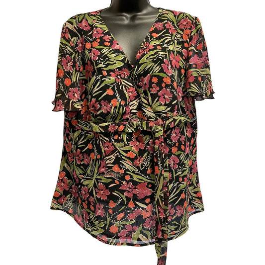 Apt 9 Black with Pink Florals Short Sleeve XL Blouse