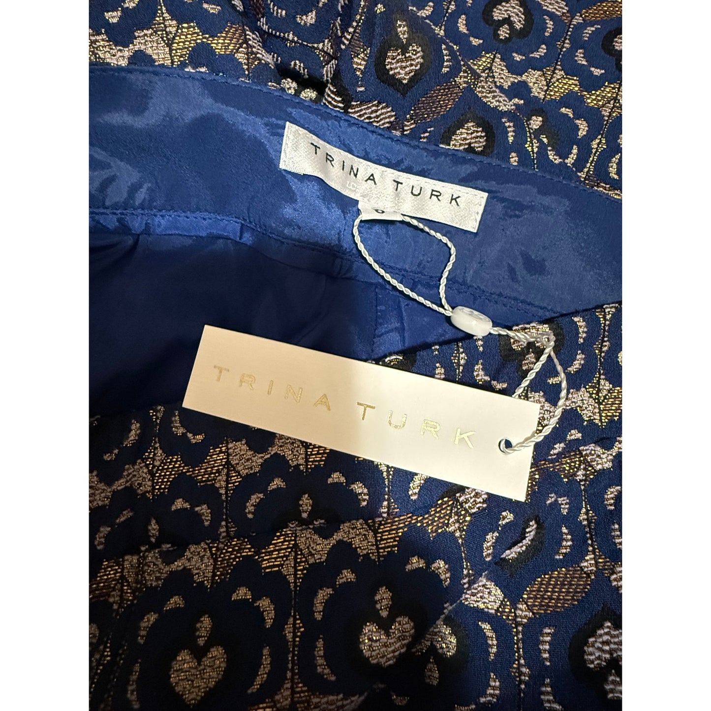 Trina Turk Blue & Gold Shibui Pants - Feather Hem - Size 6 - NWT - $398 MSRP