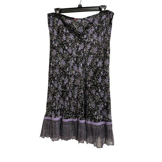 Sunny Leigh 100% Silk Black Purple Floral Mid/Max Skirt - Large