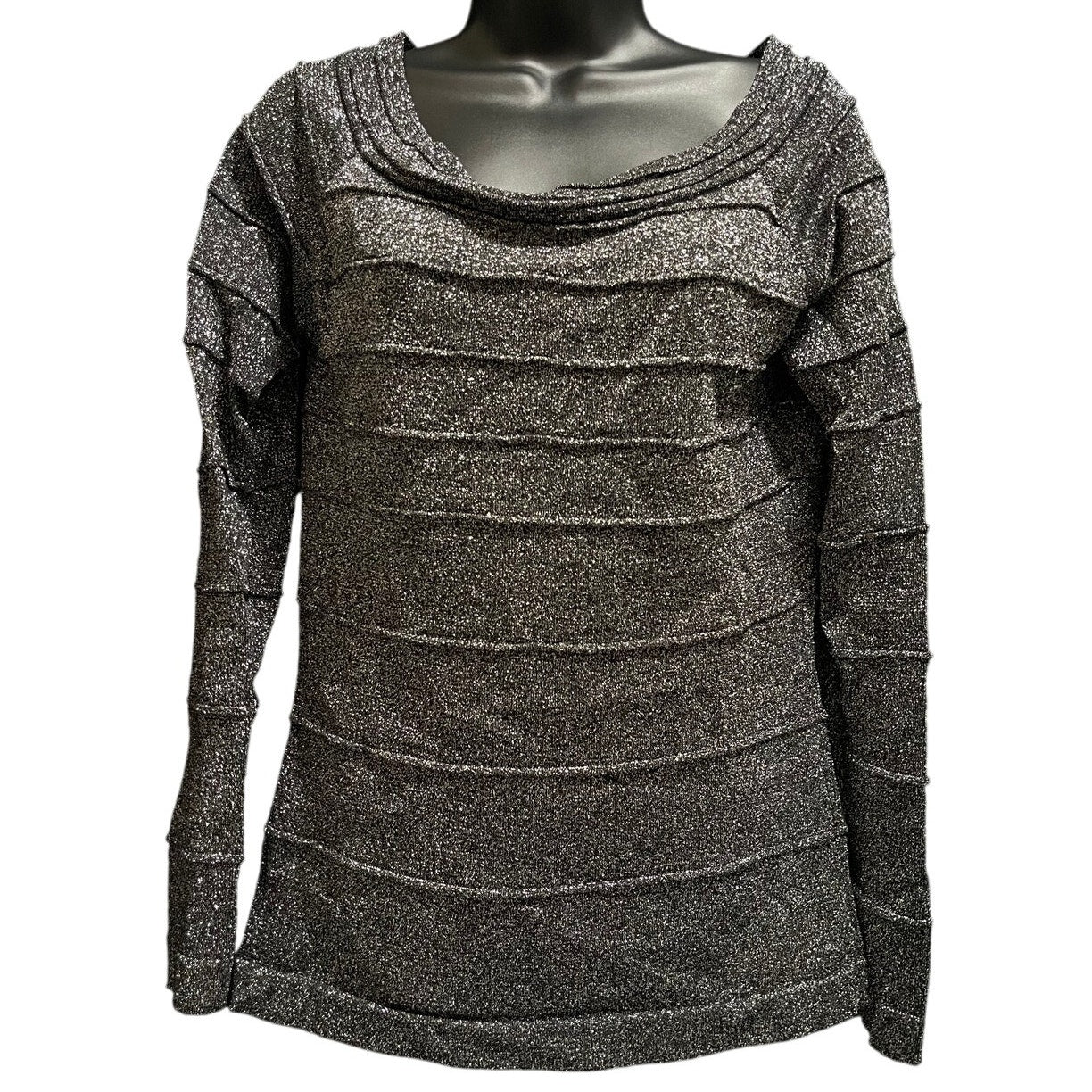 Cache Long Sleeve Slinky Knit Top Tunic Size Large Silver Black Metallic