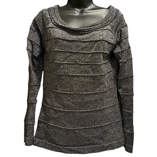 Cache Long Sleeve Slinky Knit Top Tunic Size Large Silver Black Metallic