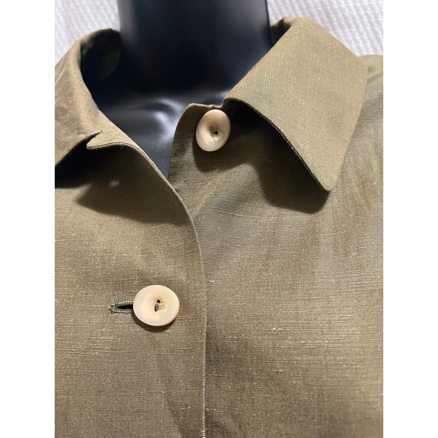 Vintage Kasper Olive Green Short Sleeve Button Up - Linen & Silk - 14 Petite