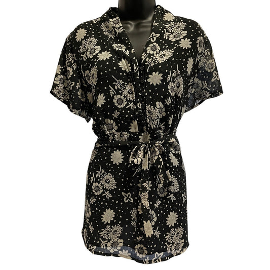 Notations Womens 2XL Black White Florals Short Sleeve Blouse