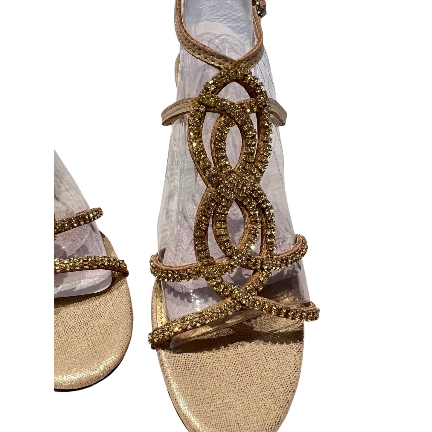 New In Box Marrinelli Size 8 Gold Twinkle Heels Strappy