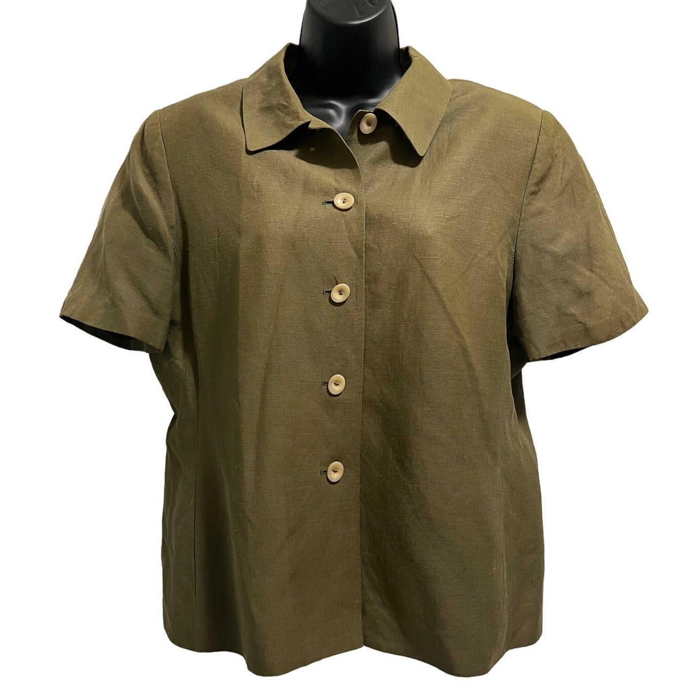 Vintage Kasper Olive Green Short Sleeve Button Up - Linen & Silk - 14 Petite