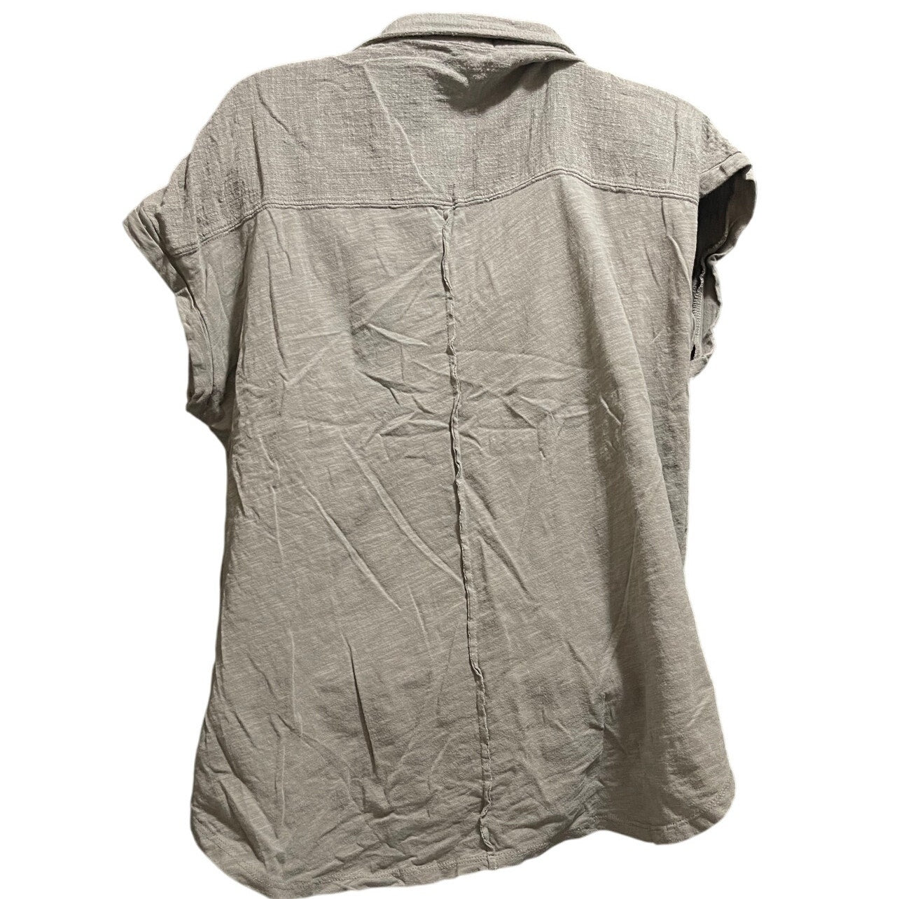 Mesh + Lace Size Large 100% Cotton Short Sleeve Button Front Blouse - Green/Gray