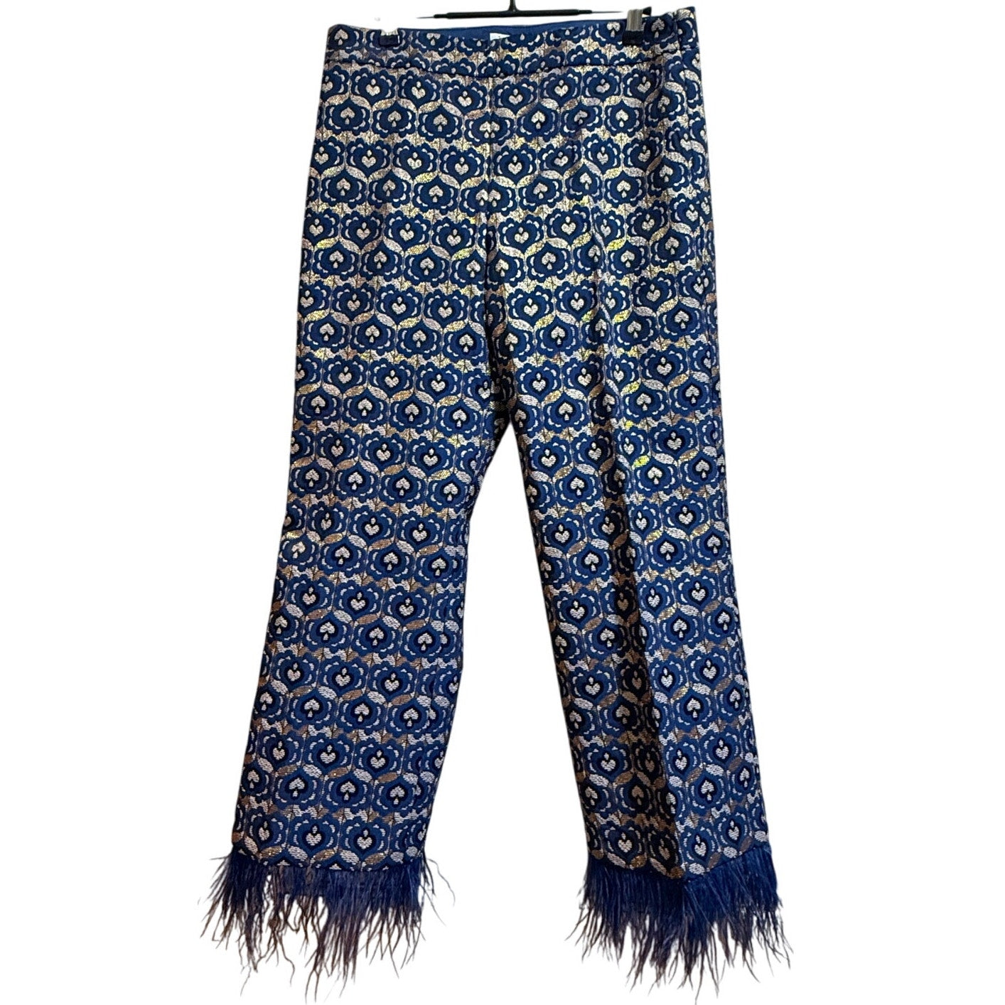 Trina Turk Blue & Gold Shibui Pants - Feather Hem - Size 6 - NWT - $398 MSRP