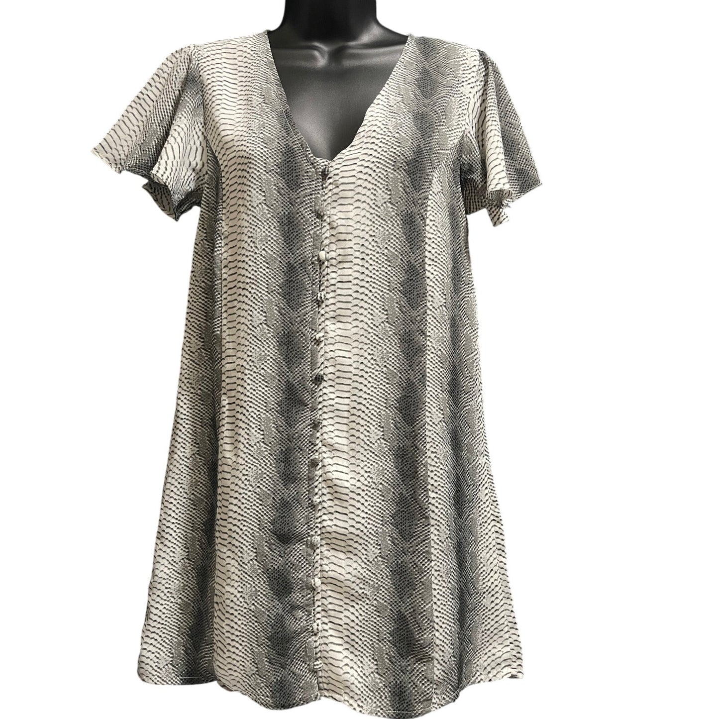 Buddy Love Size XS Gray and White Snakeskin Print Full Button Mini Dress