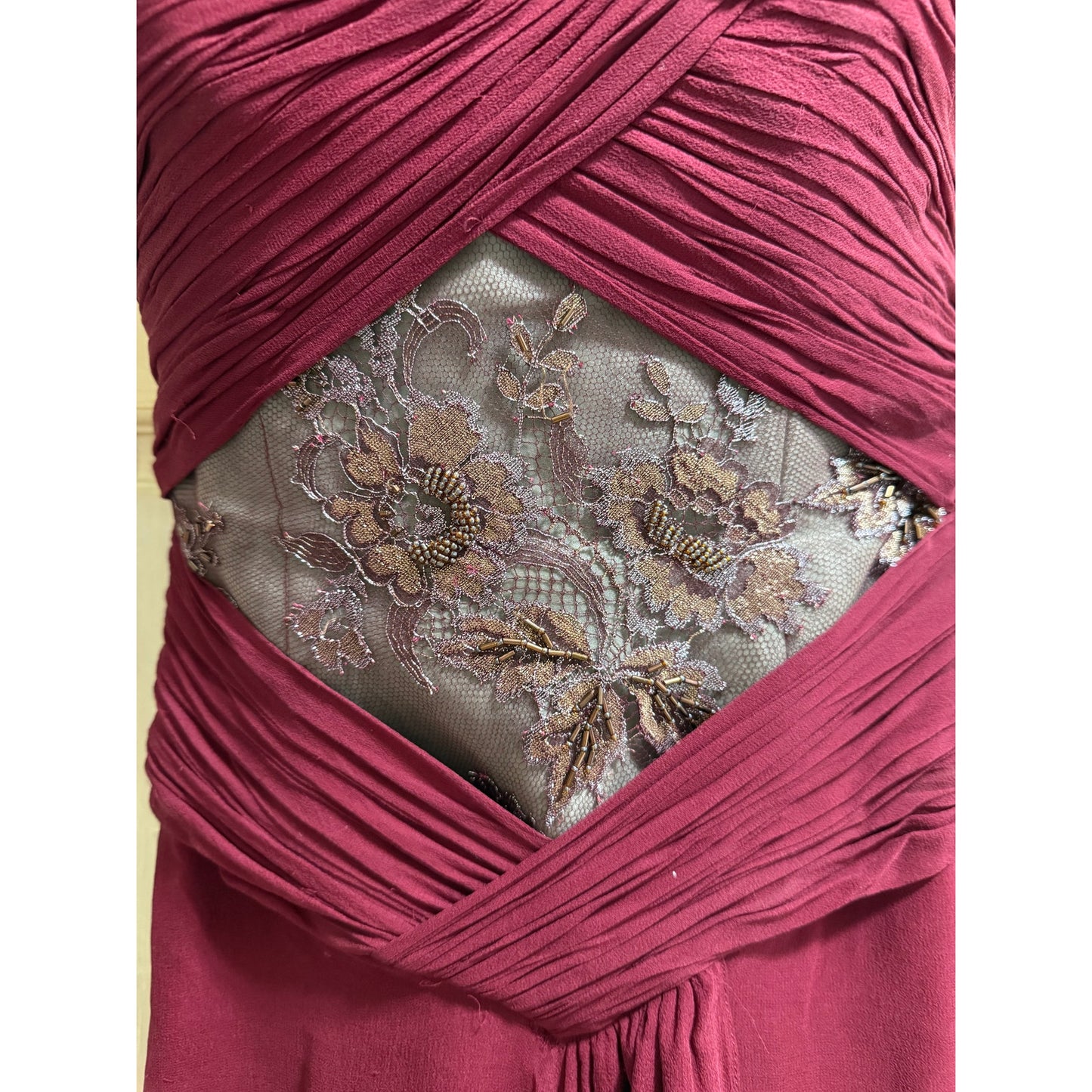 Maroon Red Strapless Gown - Beaded, Lace Center - Prom - Party