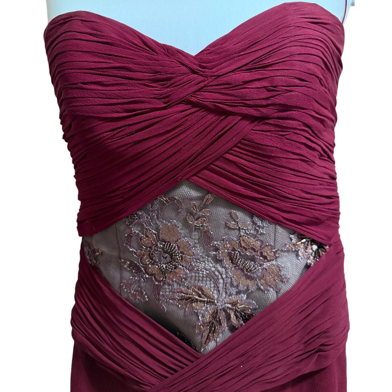 Maroon Red Strapless Gown - Beaded, Lace Center - Prom - Party