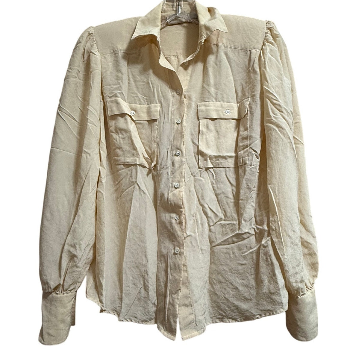 VTG Liz Claiborne Yellow Cream 100% Silk Button Up Blouse Size 6 Shoulder Pads