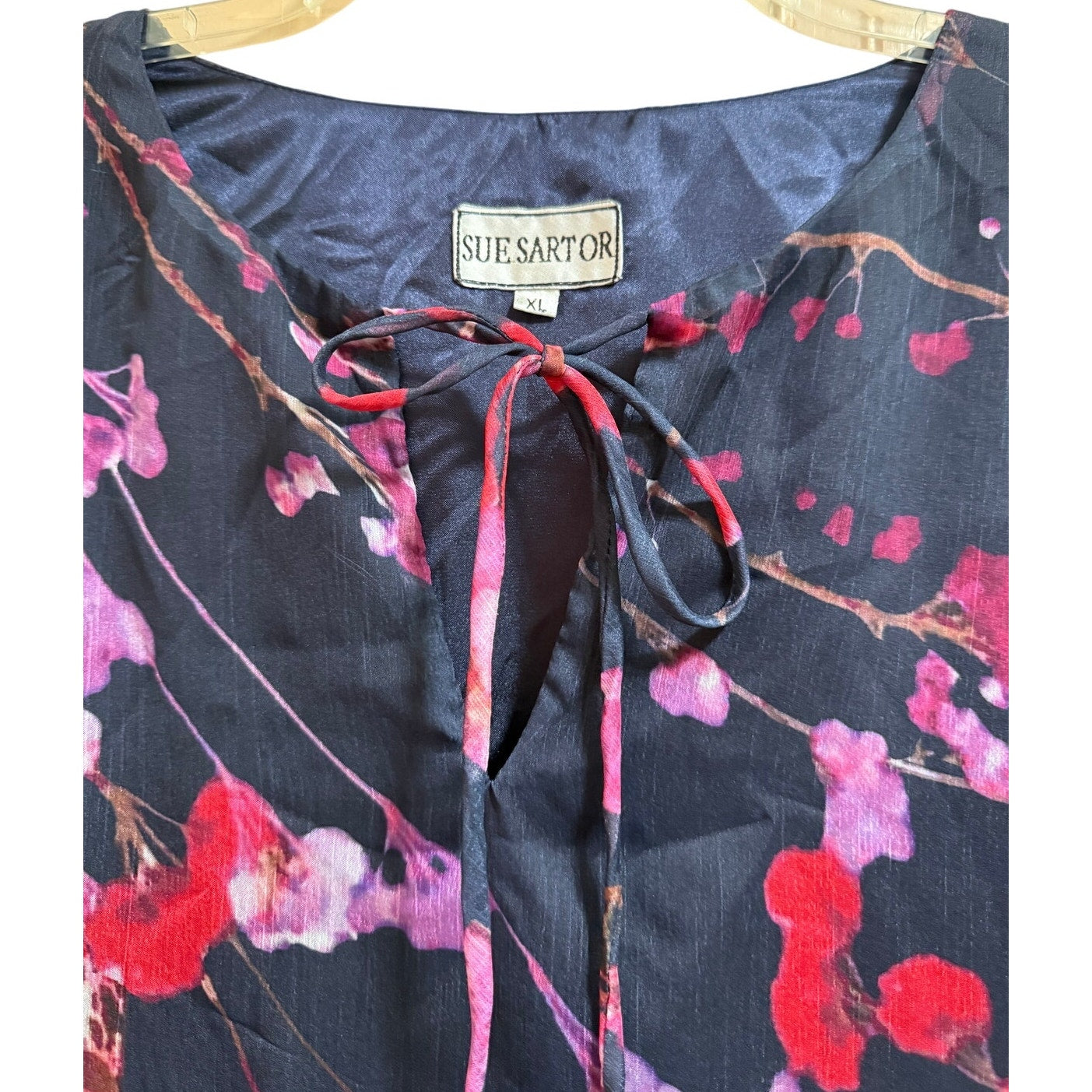 Vintage Sue Sartor Black & Red Floral Sheer Long Sleeve Mini Dress - XL