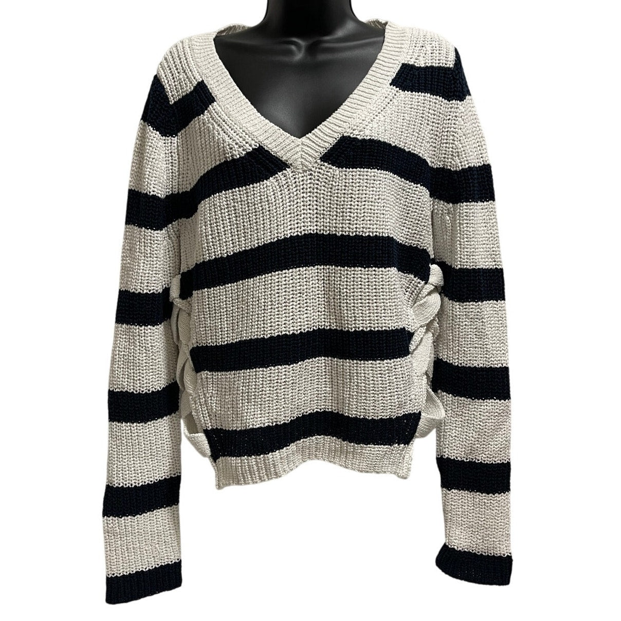 Fate. Size Large White & Black Striped Knit Sweater with Tie Sides
