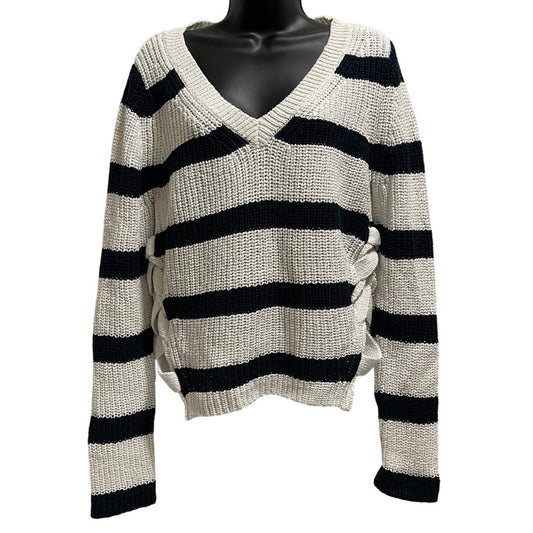 Fate. Size Large White & Black Striped Knit Sweater with Tie Sides
