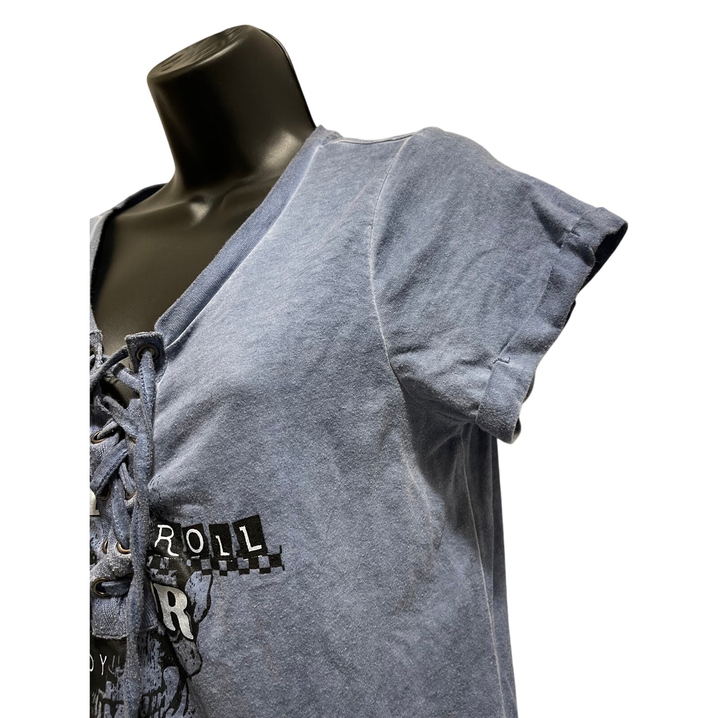 Almost Famous Blue Graphic T-Shirt - Tie Front - Size Large