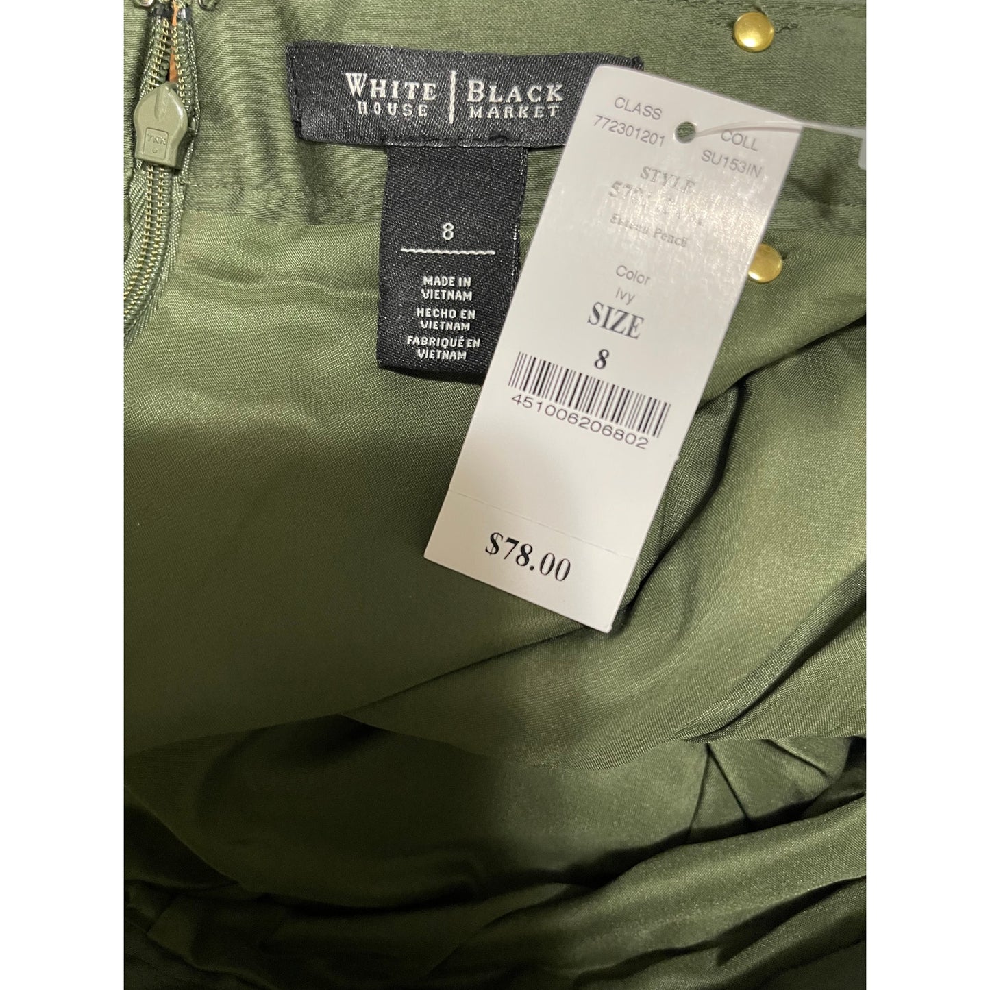 NWT White House Black Market Olive Green Pencil Skirt - Sateen - Size 8