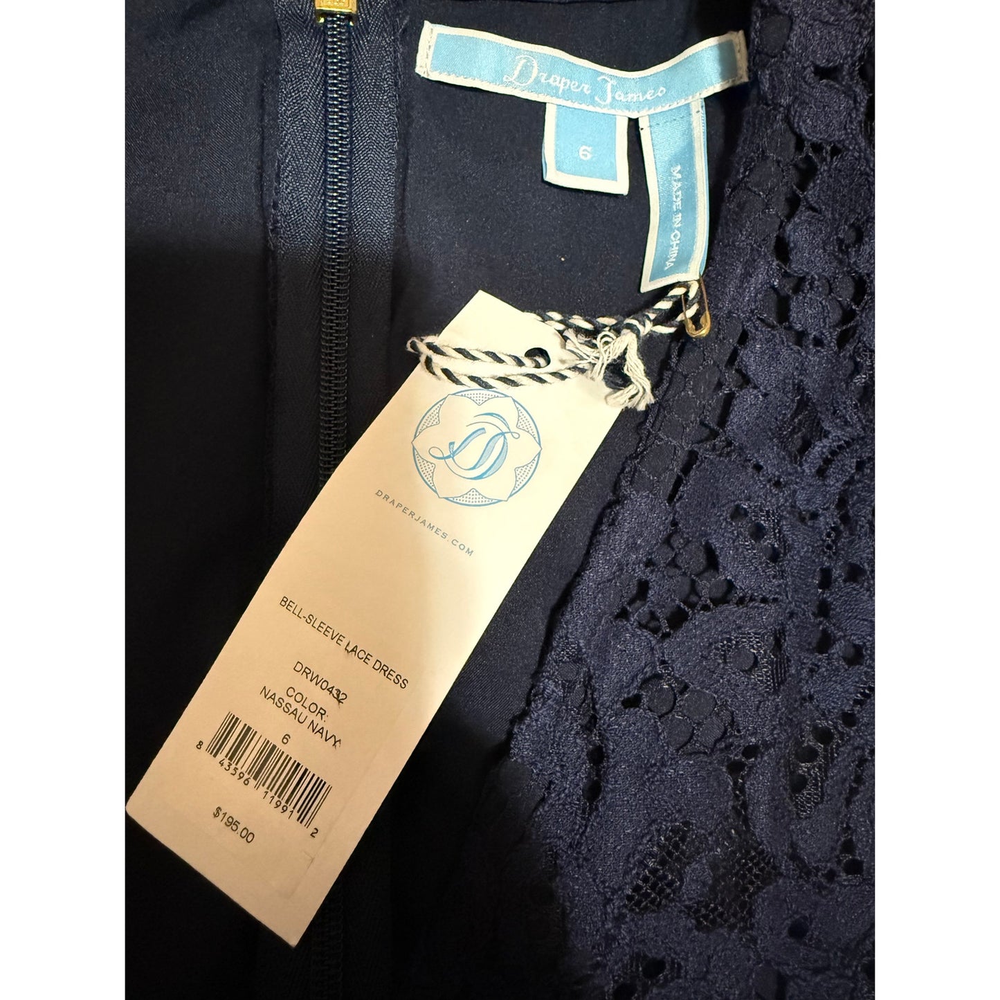 Draper James Navy Blue Lace Midi Dress - 3/4 Sleeve - Size 6 - NWT $195 MSRP
