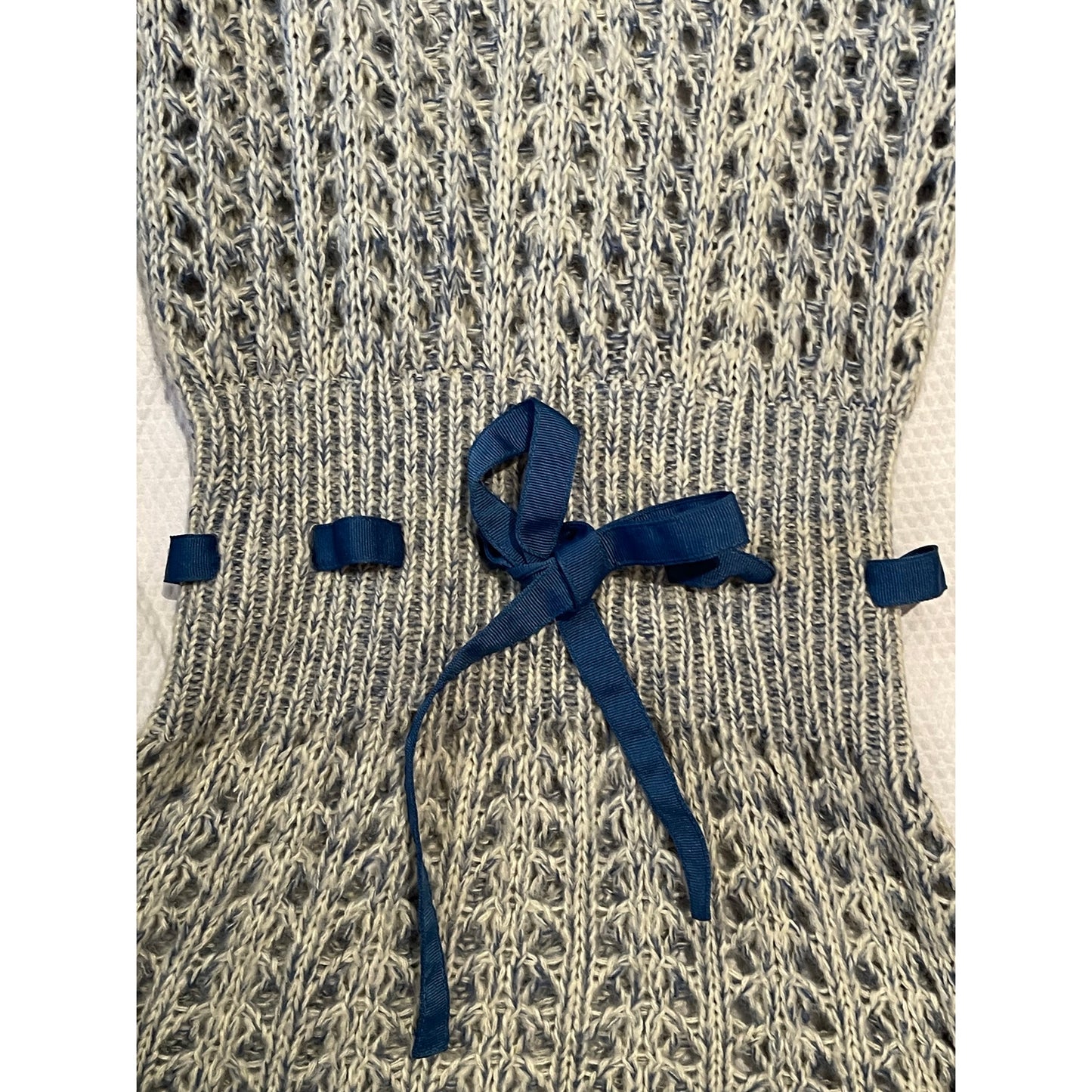 Jasmine KC - Blue & White Open Knit Sweater w/ Grosgrain Belt - Small