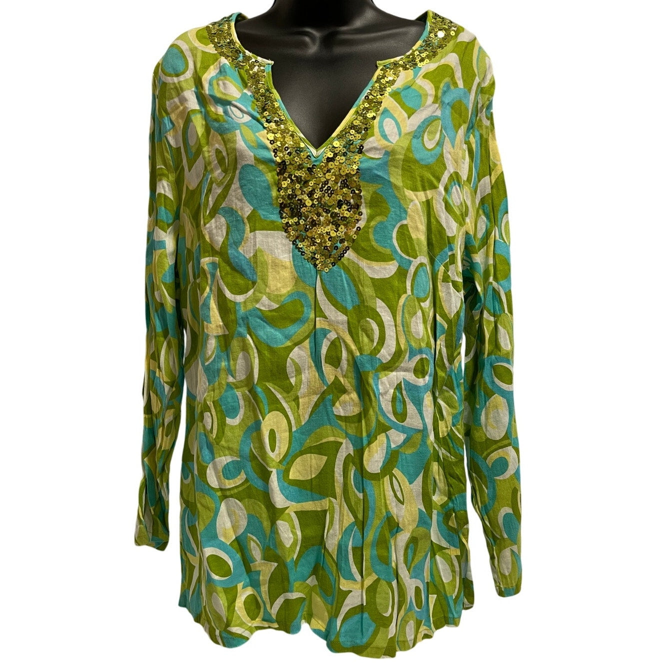 San Tropez Women's Size 1X Green Abstract Sequined Blouse