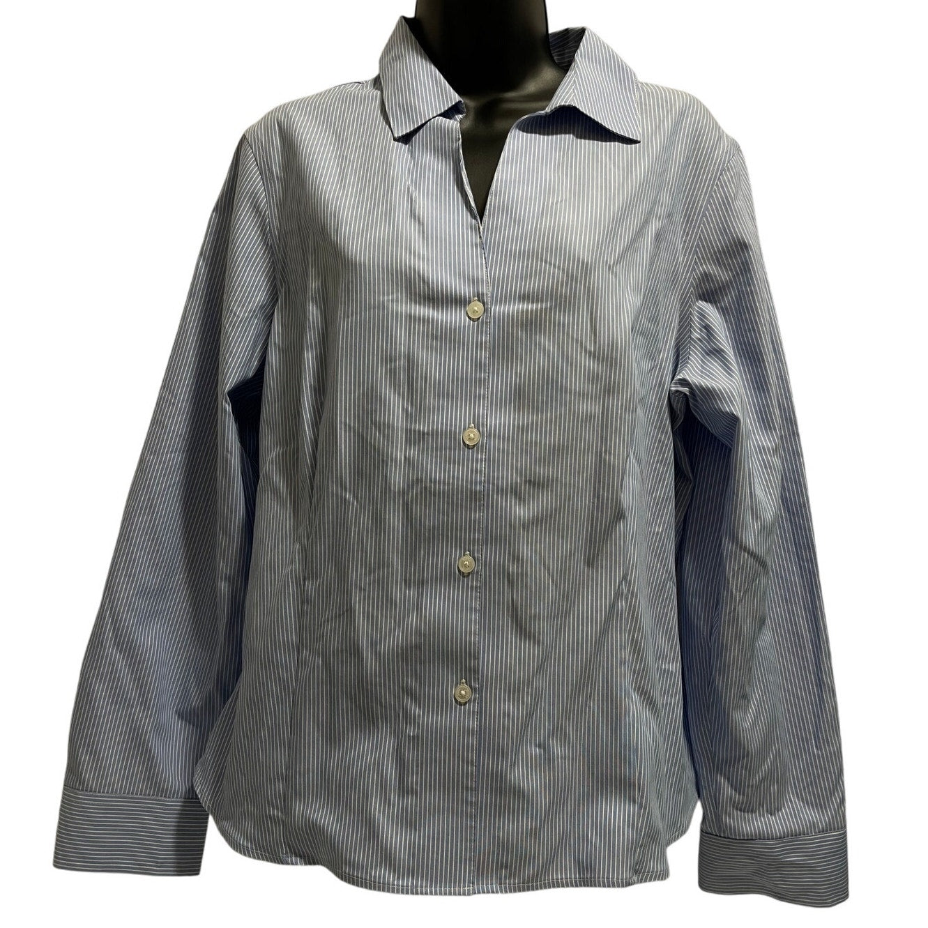 Ann Klein Blue & White Pinstripe Collared Button Up Long Sleeve - Large