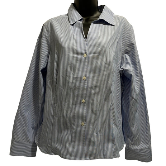 Ann Klein Blue & White Pinstripe Collared Button Up Long Sleeve - Large