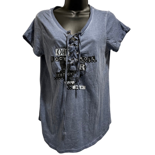 Almost Famous Blue Graphic T-Shirt - Tie Front - Size Large