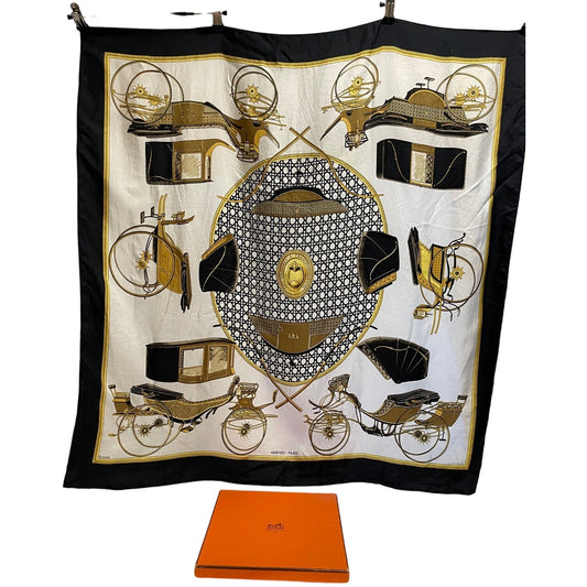 Vintage Hermes Les Voitures a Transformation Silk Scarf with the Original Box