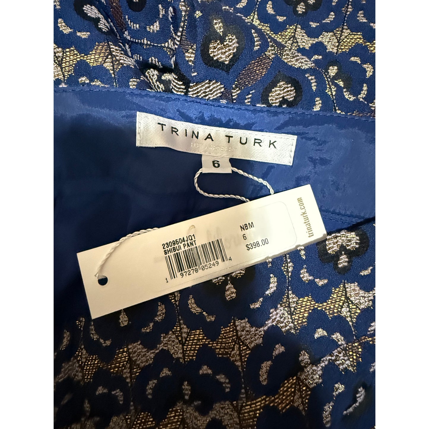 Trina Turk Blue & Gold Shibui Pants - Feather Hem - Size 6 - NWT - $398 MSRP