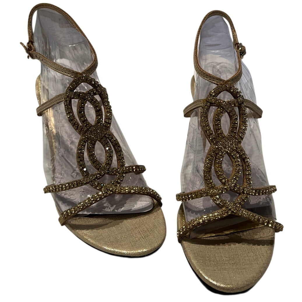 New In Box Marrinelli Size 8 Gold Twinkle Heels Strappy