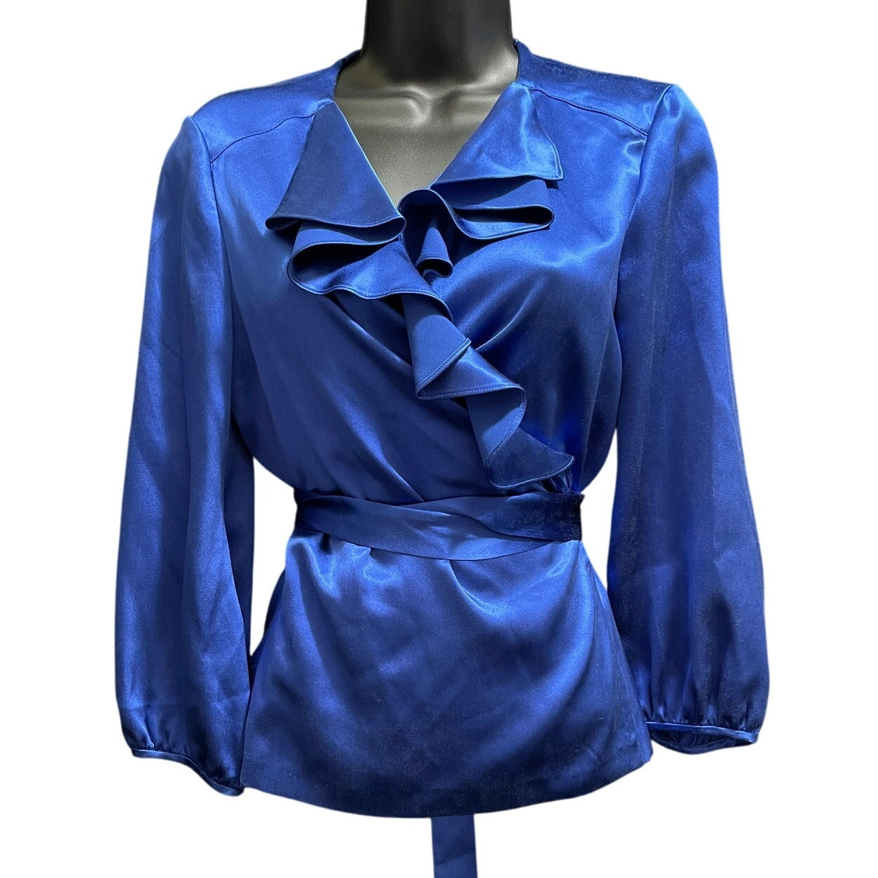 Diane von Furstenberg 100% Silk Electric Blue Wrap Blouse - Size 10