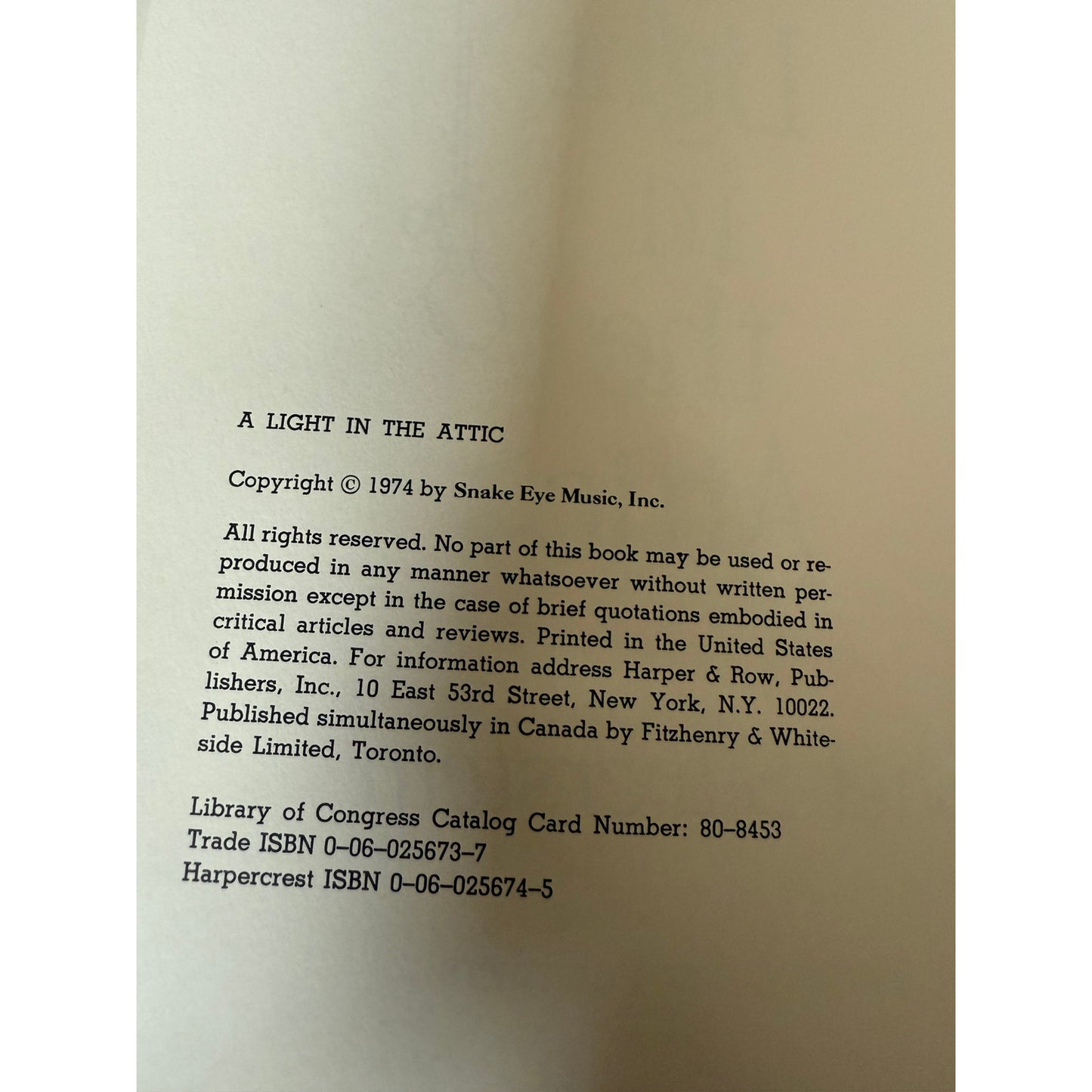 A Light In The Attic - Shel Silverstein - Snake Eye Music 1974 Edition Hardcover