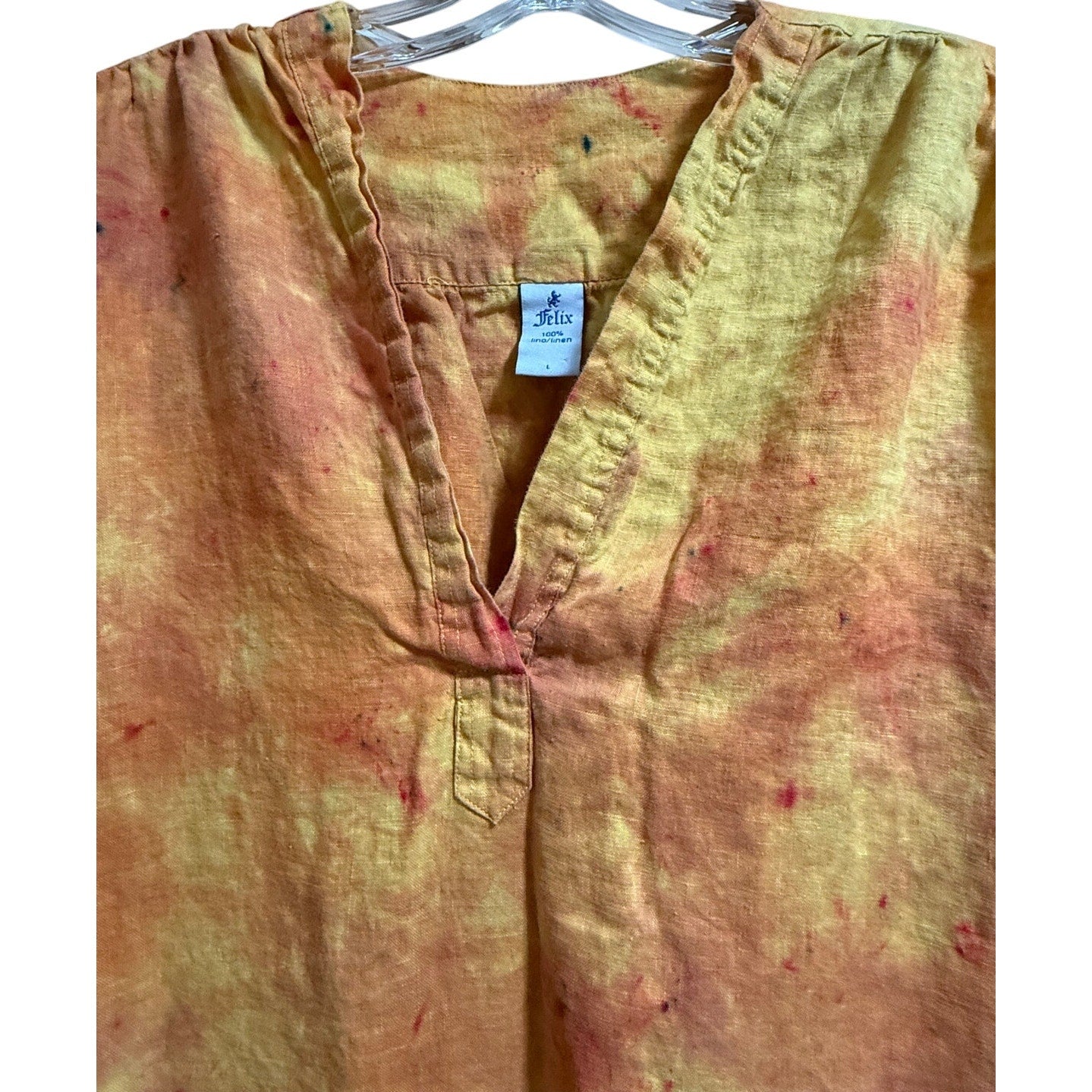 Felix 100% Linen Orange Tie Dye Tunic Dress - Long Sleeve - Large