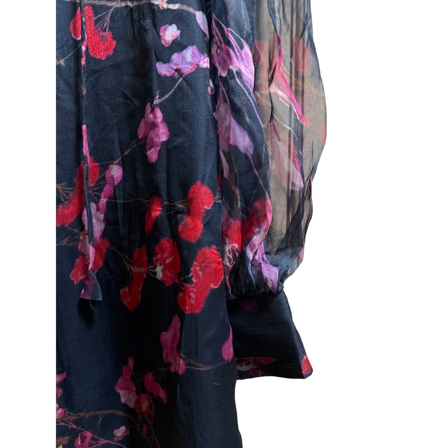 Vintage Sue Sartor Black & Red Floral Sheer Long Sleeve Mini Dress - M