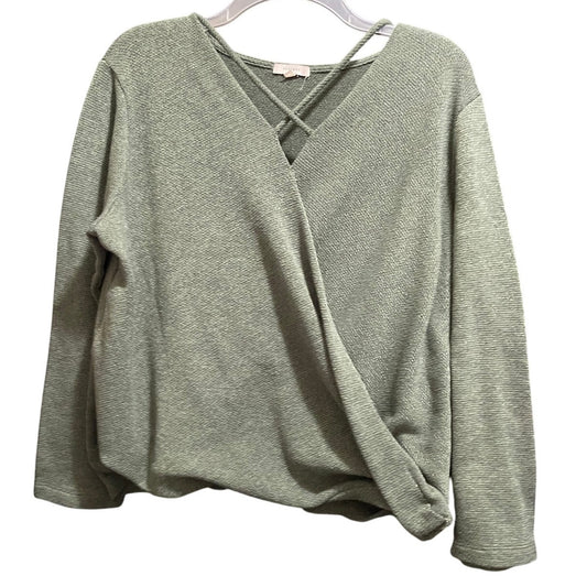 Pleione Olive Green Knit Long Sleeve Sweater Blouse - Large Petite