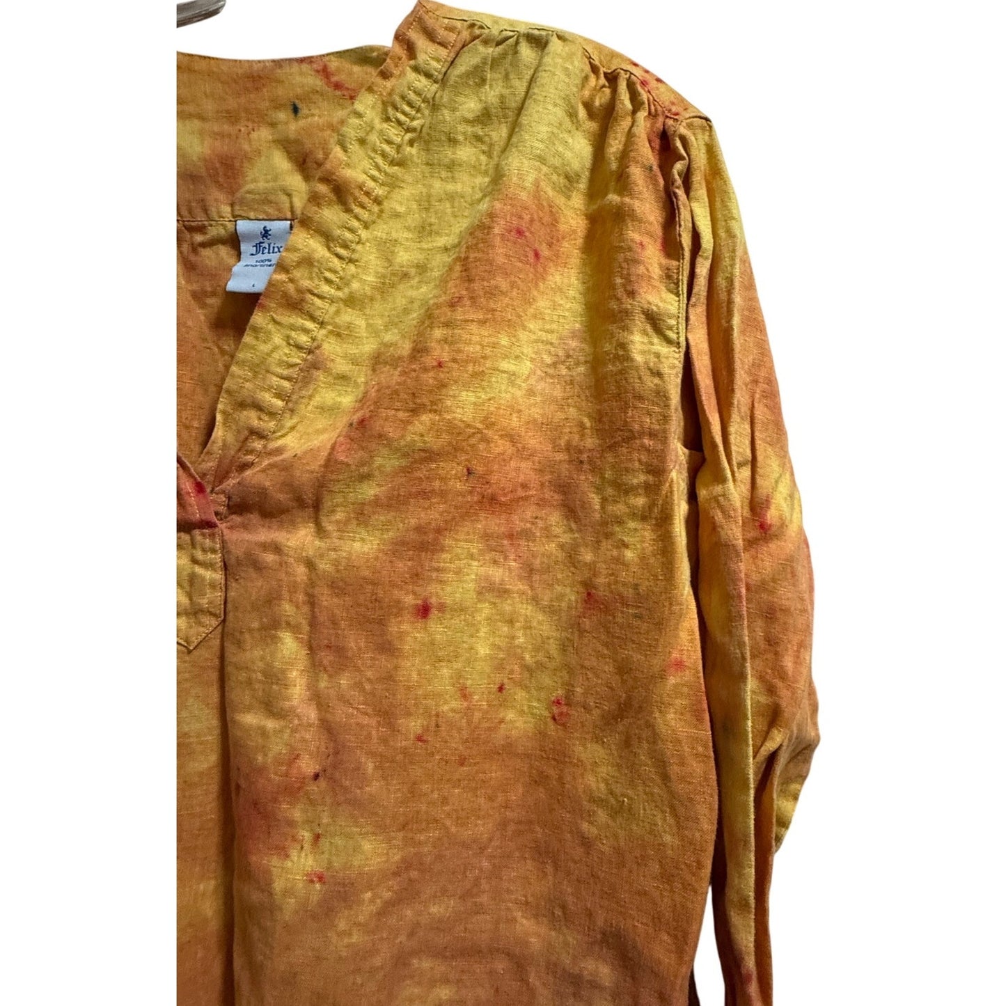 Felix 100% Linen Orange Tie Dye Tunic Dress - Long Sleeve - Large