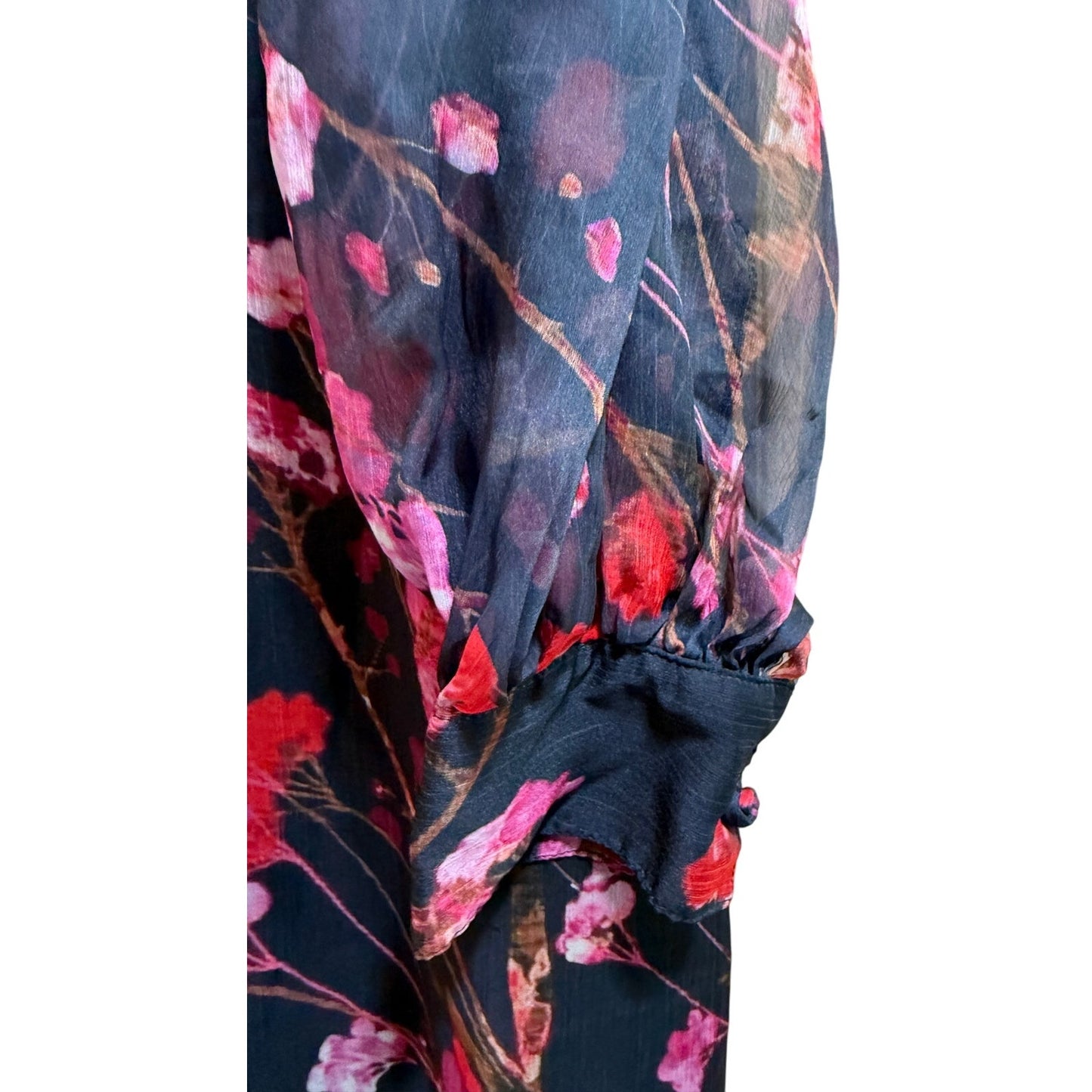 Vintage Sue Sartor Black & Red Floral Sheer Long Sleeve Mini Dress - XL