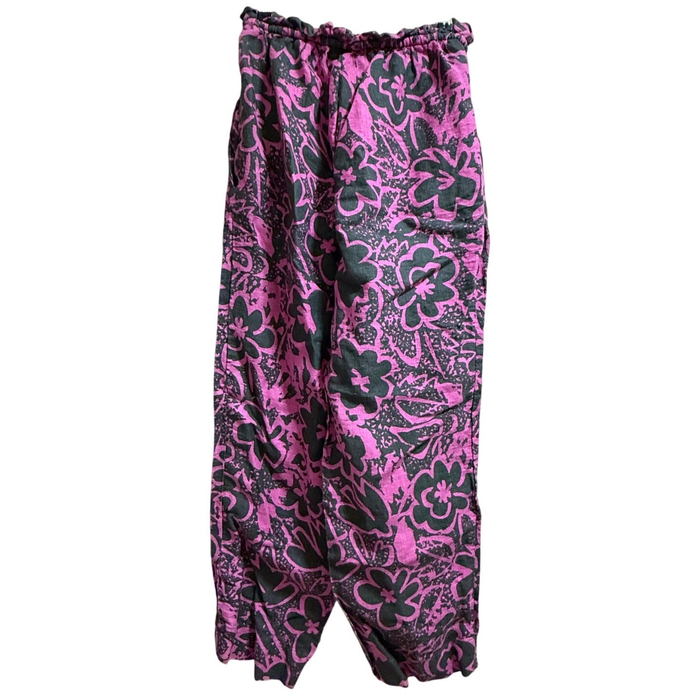 Back Beat Co. Size Medium Pink & Black Print Drawstring Pants - 100% Linen