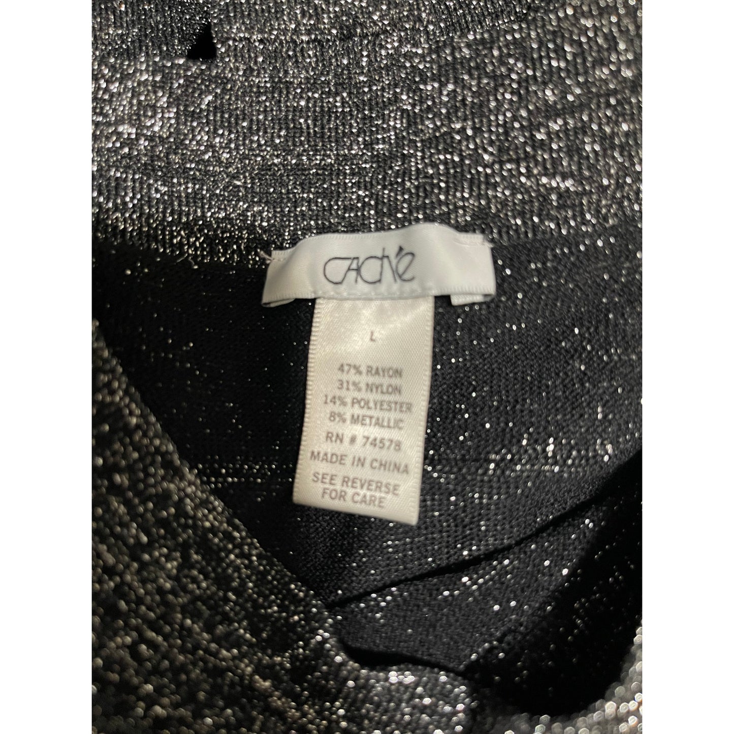 Cache Long Sleeve Slinky Knit Top Tunic Size Large Silver Black Metallic