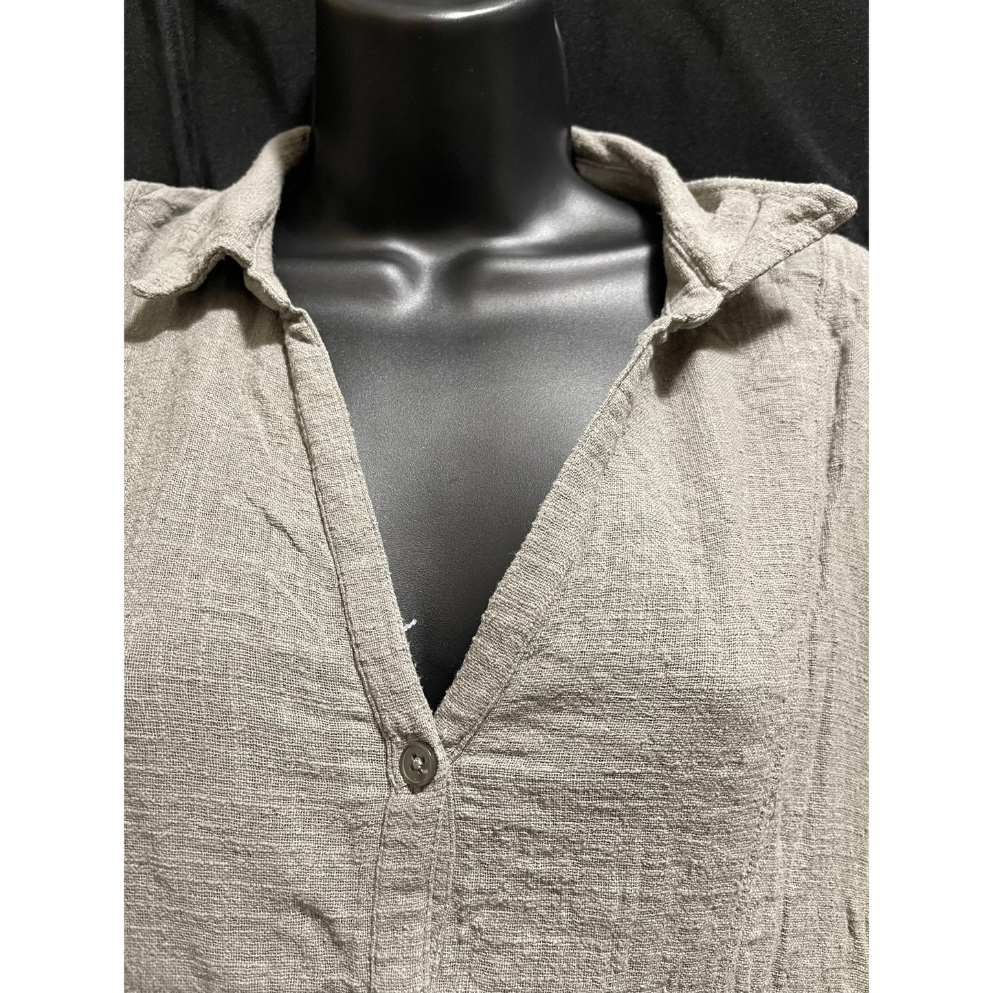 Mesh + Lace Size Large 100% Cotton Short Sleeve Button Front Blouse - Green/Gray