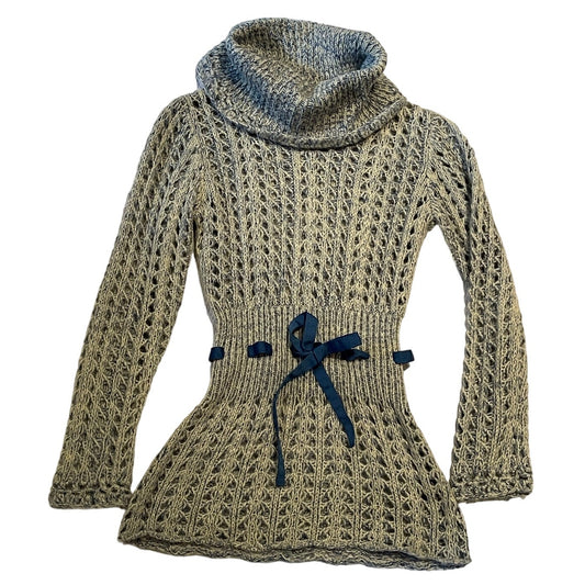 Jasmine KC - Blue & White Open Knit Sweater w/ Grosgrain Belt - Small