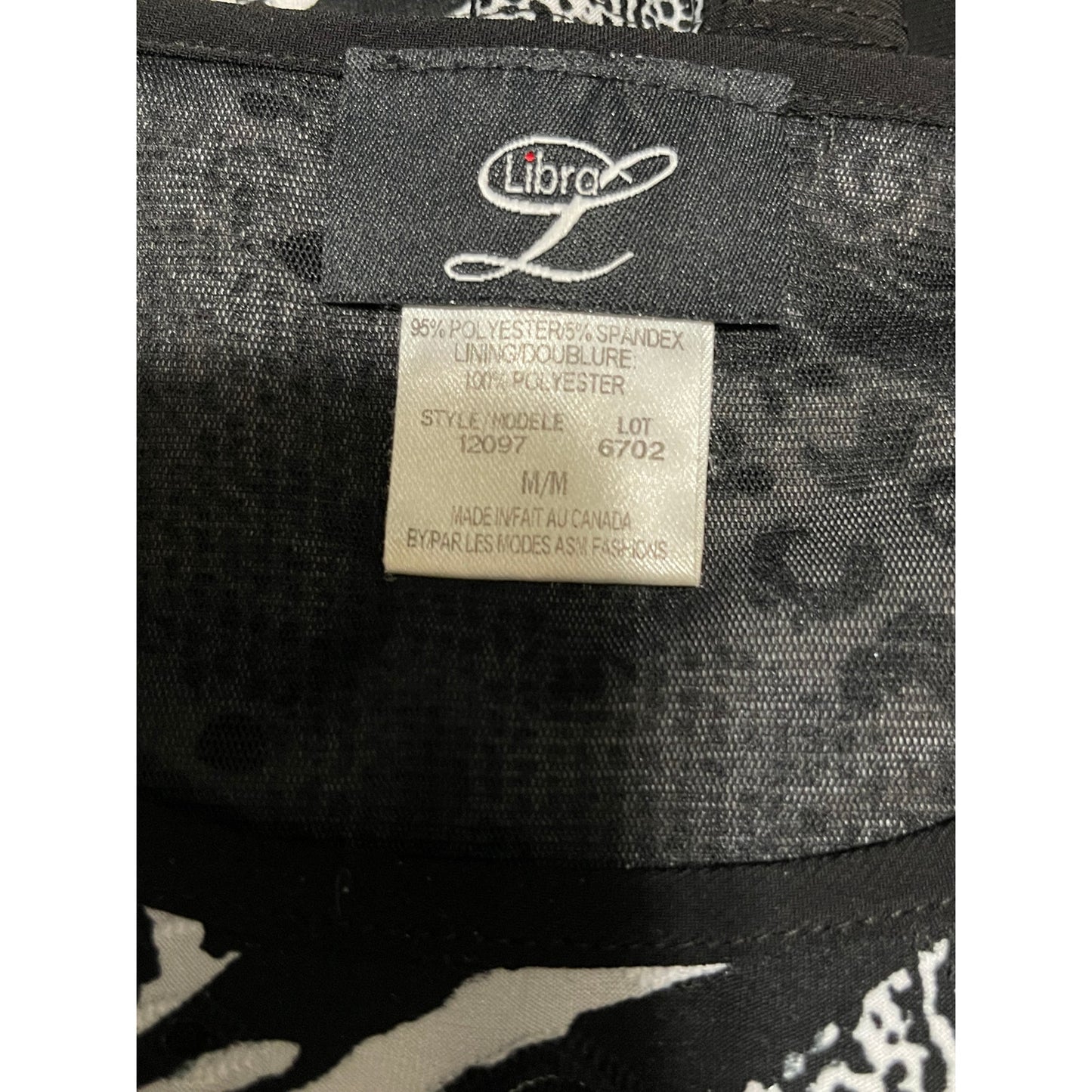 Libra Size Medium 3/4 Sleeve Animal Print White & Black Blouse