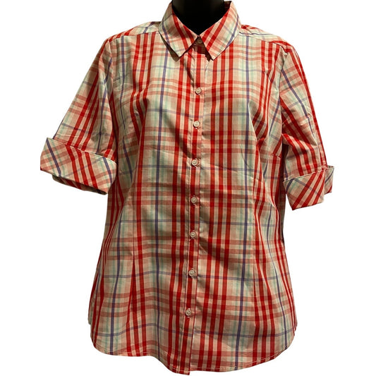 New York & Company Pink Plaid Poplin 3/4 Sleeve Button Up - Size Medium