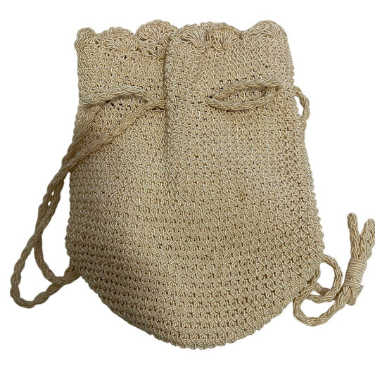 Vintage Woven White Drawstring Bucket Bag - Small