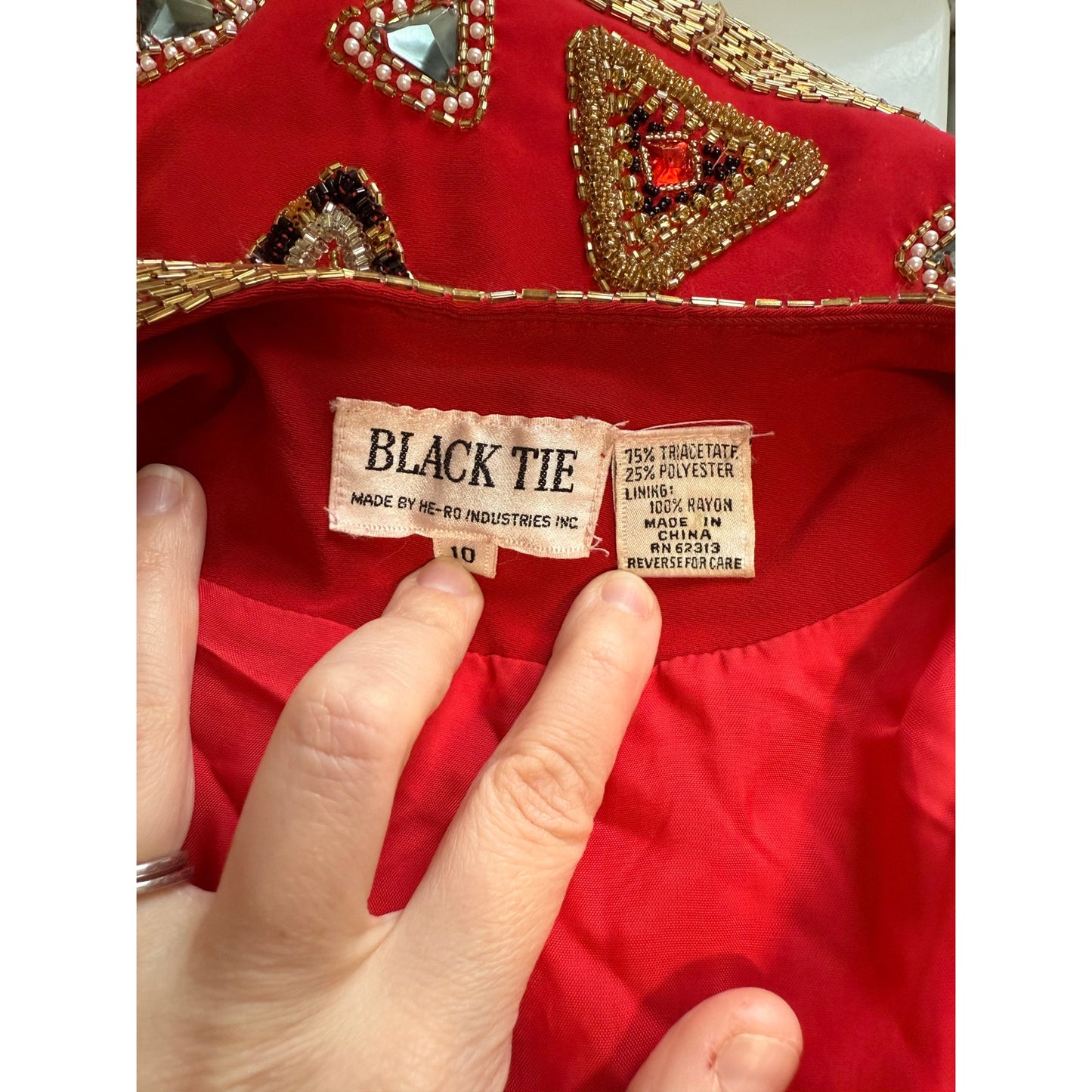 Vintage Black Tie He-Ro Heavy Beaded Red Single Button Blazer Jacket