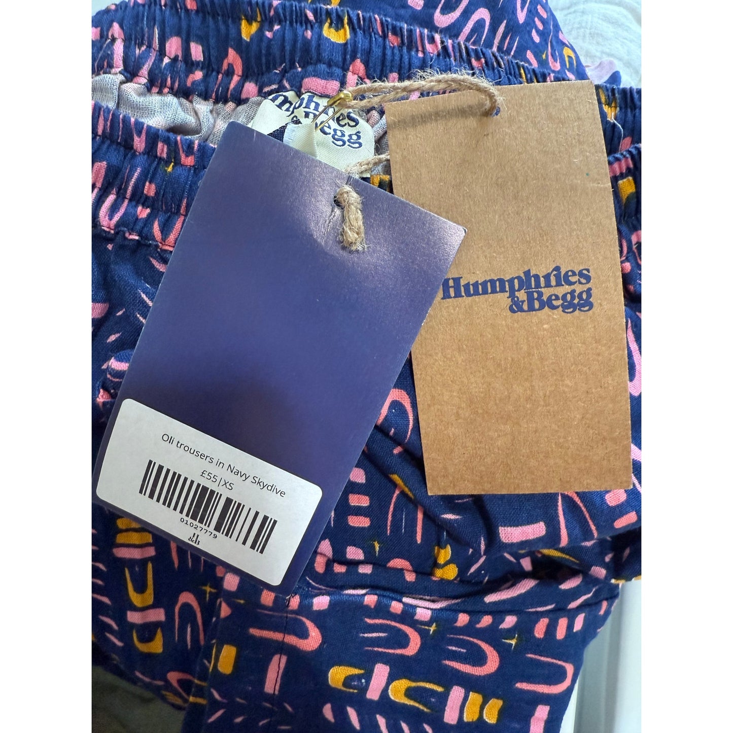 Humphries & Begg Oli Trousers in Navy Skydive - Elastic Waist - XS - NWT