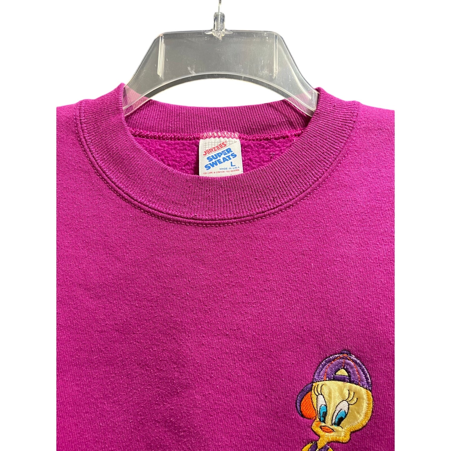 Vintage 90's Looney Tunes Tweety Bird Embroidered Pink Purple Sweatshirt - Large